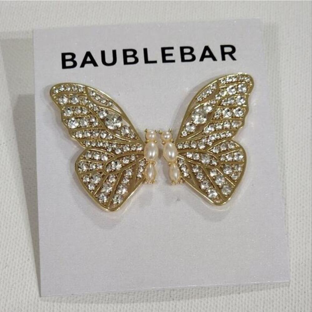 Baublebar‎ Gold Crystal Rhinestone Butterfly Pearl Dangle Earrings New